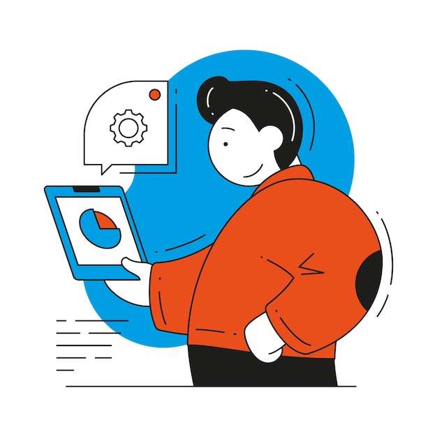 Geschäft männlich Analysediagramm Datenentwicklungsstrategie erfolgreicher Gewinn Unternehmen Vektor flache Illustration Mann Mitarbeiter Manager Optimierung Marketingkampagne verwenden Tablet-PC mit Diagrammdiagramm