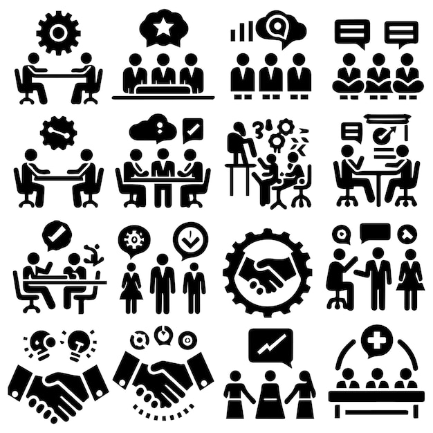Geschäftliche Ikonen-Sammlung Büro-Flach-Ikonen-Set Arbeitsplatz-Schreibtisch-Mitarbeiter-Computer-Iconen und mehr Zeichen
