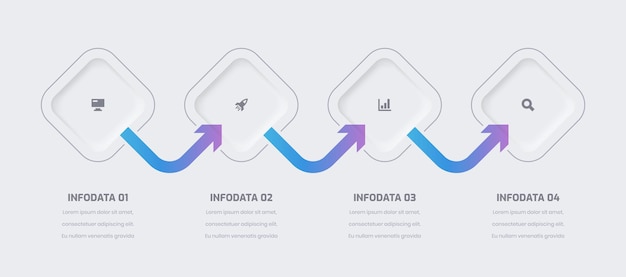 Geschäftliche neumorphe infografik-präsentation mit farbverlauf rhombus label 4 option und symbol