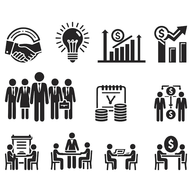 Geschäftliche Treffen Piktogram Stick Figuren, die Finanzlösungen und Marketing diskutieren