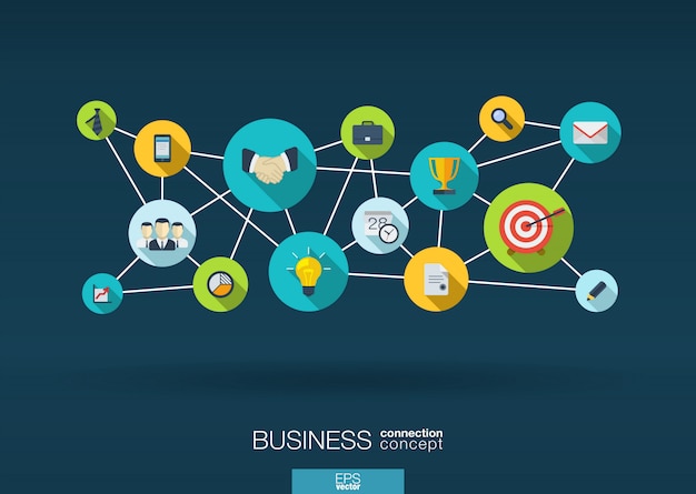 Geschäfts-Netzwerk. Wachstumshintergrund mit Integrationssymbolen. Verbundene Symbole für Strategie, Service, Analytik, Forschung, digitales Marketing, Kommunikationskonzepte. interaktive Illustration