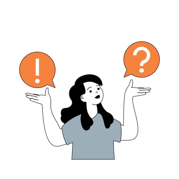 Geschäfts- und Finanzkonzept mit Cartoon-Menschen in flachem Design für das Web. Frau denkt nach und macht Brainstorming, um nach Möglichkeiten zu suchen. Vektorillustration für Social-Media-Banner-Marketingmaterial