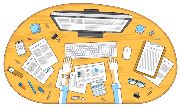 Geschäftsanalyse, Büroangestellter oder Unternehmer, der an einem PC-Computer und Papieren mit Finanzanalyse arbeitet, Draufsicht auf den Schreibtisch mit Briefpapier und Dokumenten und Händen. Vektor.