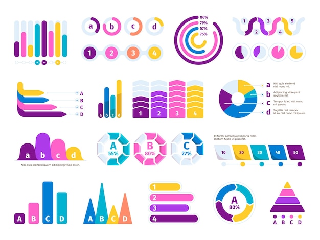 Geschäftsdatendiagramme finanzielle und wirtschaftliche balkendiagramme gewinne und investitionen kuchen- und pfeildiagramme vektor-infografik-set marketingpräsentationsvorlage zeitleiste-visualisierung