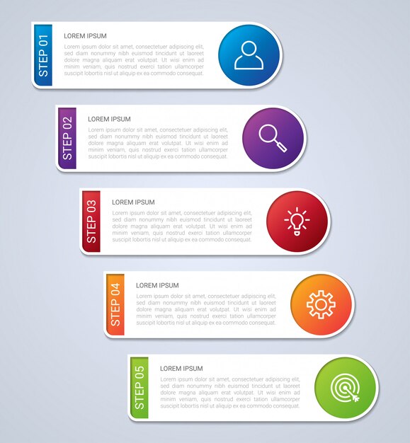 Geschäftsdatenvisualisierung, infografikschablone mit 5 schritten auf grauem hintergrund, illustration