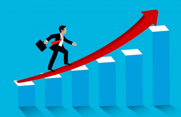 Geschäftserfolg konzept. geschäftsmannweg herauf die roten pfeile auf balkendiagramm, zum mit wachstum anzuvisieren
