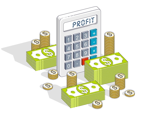 Geschäftserfolg und Einkommens- oder Gewinnkonzept, Taschenrechner und Geldbargelddollarstapel und -münzen lokalisiert auf weißem Hintergrund. Vektor isometrische 3D-Geschäfts- und Finanzillustration.