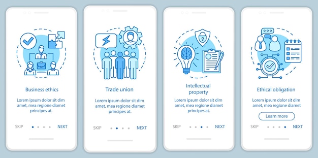 Geschäftsethik beim Onboarding der mobilen App-Seitenbildschirmvektorvorlage. Gewerkschaft, geistiges Eigentum. Walkthrough-Website-Schritte mit linearen Illustrationen. UX, UI, GUI Smartphone-Schnittstellenkonzept