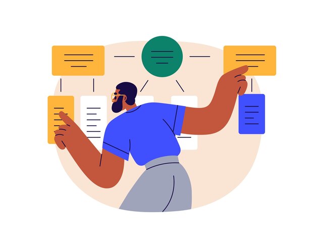 Vektor geschäftsflussdiagramm mann arbeitet mit algorithmus-schema informationsstruktur-system datenanalyse-forschungskonzept komplexes prozessflussdiagram flachvektor-illustration isoliert auf weißem hintergrund