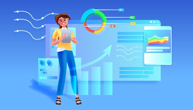 Vektor geschäftsfrau analysiert finanzstatistikdiagramme datenanalysekonzept in voller länge horizontal