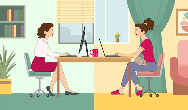 Geschäftsfrau bei hybridjob, die am tisch zwischen büro und gemütlichem umgebungsvektor zu hause sitzt