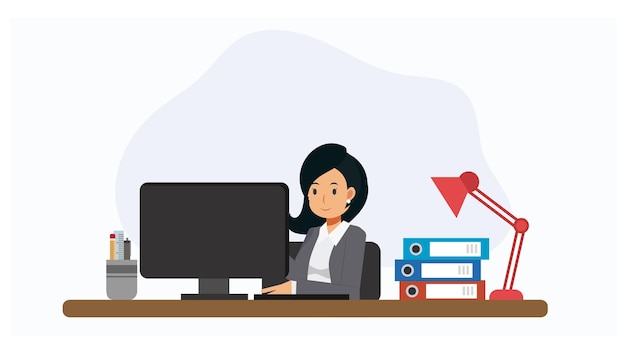 Geschäftsfrau, die am Schreibtisch mit PC arbeitet. Business-Leute-Cartoon-Figur flachbild Vector Illustration.