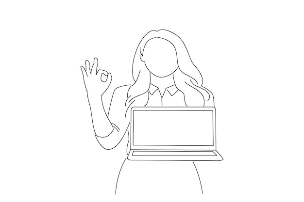 Geschäftsfrau, die einen laptop-computer mit bildschirm hält und ok zeigt oneline art drawing style