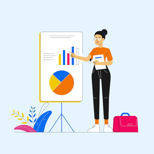 Geschäftsfrau, die Grafik und Diagramm auf Präsentation zeigt