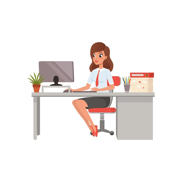 Geschäftsfrau, die mit Laptop-Computer in ihrem Büro arbeitet, Menschenaktivität, tägliche Routinevektorillustration lokalisiert auf einem weißen Hintergrund.