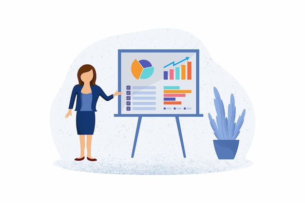 Geschäftsfrau, die während der flachen Designillustration der Präsentation auf Diagramme an Bord zeigt