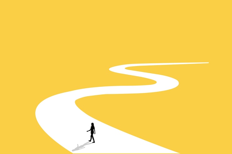 Vektor geschäftsfrau folgt einem weg für geschäftsmöglichkeiten, visionäre führung, verschiedene geschäftswege, symbol für ehrgeiz, motivation und langen weg in die zukunft