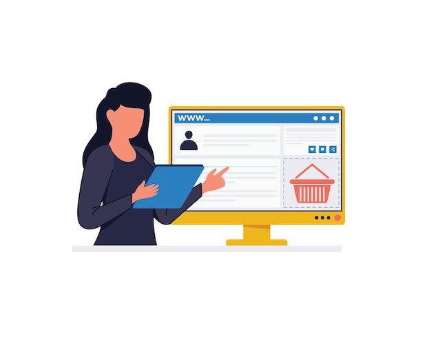 Geschäftsfrau hält eine Rede, zeigt eine Website für Marketing-Präsentationsbildschirm, Geschäftsmanagementkonzept, Flachstil, Farbe, moderne Vektorillustration