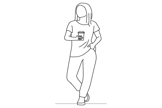 Geschäftsfrau hält eine tasse kaffee oder tee und schaut zur seite oneline art drawing style