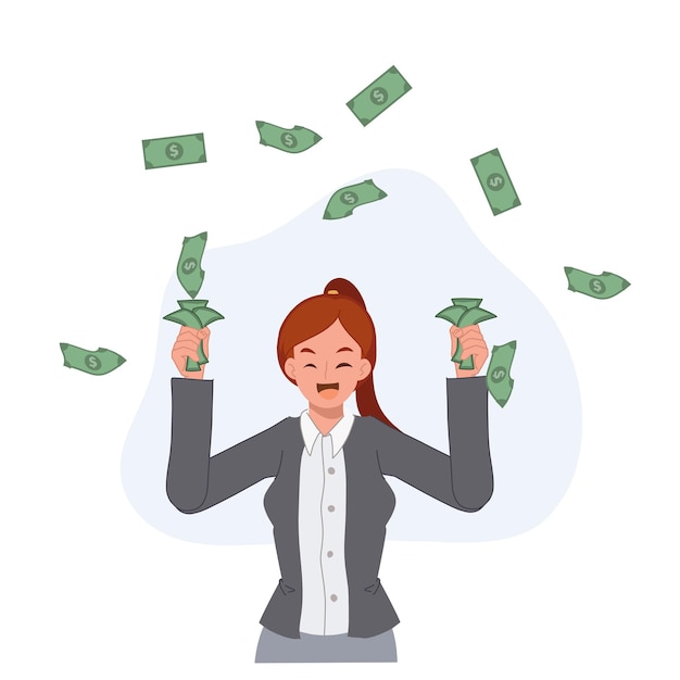 Geschäftsfrau hat viel Geld bekommen, den Preis gewinnen, Bonus bekommen, Geld verdienen, Konzept Flache Vektor-Cartoon-Charakter-Illustration