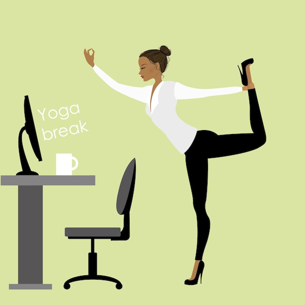 Vektor geschäftsfrau in einer yoga-pose im büro bei der arbeit stock-vektor-illustration