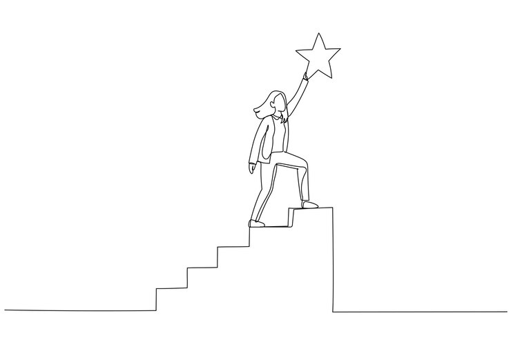 Vektor geschäftsfrau klettert die treppe nach oben, um die sternebelohnung zu erreichen konzept der leistung