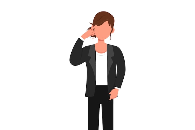 Geschäftsfrau mit flacher zeichnung, die ihre schläfen berührt und sich an etwas erinnert weiblicher finger auf dem kopf und müde, erschöpft, chronischer arbeitsstress cartoon design vector illustration