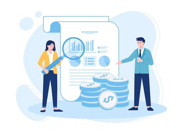 Vektor geschäftsfrau und geschäftsmann analysieren diagramm dokument konzept flache illustration