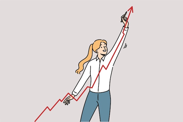 Geschäftsfrau zeichnet eine wachsende Grafik, die das Gewinnwachstum des Unternehmens durch die Anziehung neuer Kunden zeigt