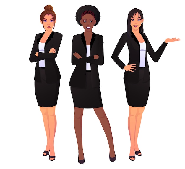Geschäftsfrauen, die schwarze Anzüge in Aktion tragen, stellen kaukasische, asiatische und schwarze auf