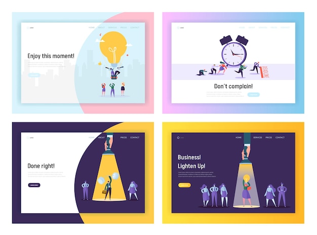 Vektor geschäftsidee, frist, erfolg website landing page templates set.