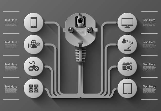 Geschäftsinfo-grafiken, elektrischer stecker, quadrat mit informationssektoren unter, illustration