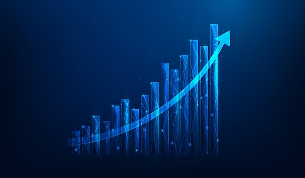 Geschäftsinvestitions-Aktien-Marketing-Diagramm Anstieg auf blauem Hintergrund Finanzdiagramm nach oben Wireframe