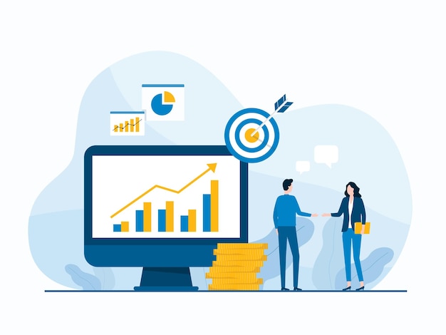 Geschäftsinvestor mit Finanzinvestition Grafik Monitor und Menschen Analysen und Überwachung Bericht d