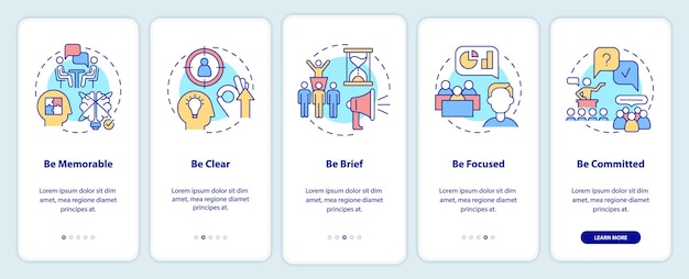 Geschäftskommunikationsregeln beim onboarding des bildschirms der mobilen app. seien sie unvergessliche walkthrough 5 schritte grafische anleitungsseiten mit linearen konzepten. ui-, ux-, gui-vorlage. myriad pro-bold, regular schriftarten verwendet