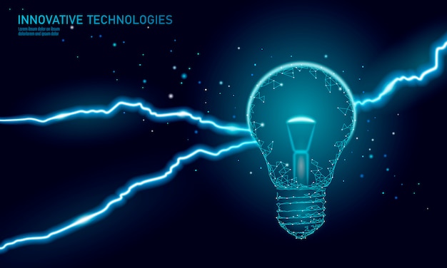 Vektor geschäftskonzept der glühbirnenidee. blitz donner einsicht. gefährliche bedrohungsarbeitssituation. polygonale 3d-dreieckvektorillustration
