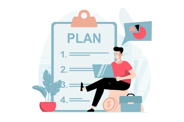 Geschäftskonzept mit Personenszene im flachen Design Geschäftsmann analysiert Daten und erstellt eine Checkliste mit Entwicklungsplan und strategischen Aufgaben Vektorillustration mit Charaktersituation für das Web