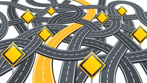 Geschäftskonzept mit Straßeninfografiken, ausgewählten Wegen und Wegweisern. Flache Stilikonen, isolierte Vektorillustration