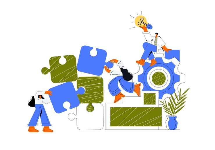 Geschäftskonzept Team-Metapher-Leute, die Puzzleelemente verbinden Flache Designart der Vektorillustration Symbol des Teamwork-Kooperations-Partnerschaftsvektors Flache Vektorillustration