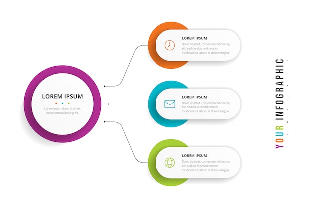 Geschäftskreisvorlage mit 3 optionen für broschüre, diagramm, workflow, zeitachse, webdesign. präsentations-infografik-element