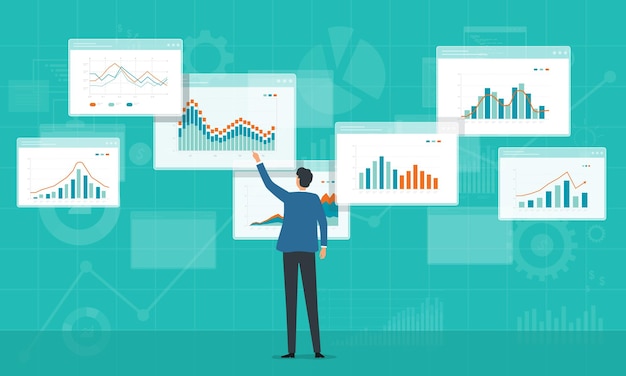 geschäftsleute analyse und überwachung von investitions- und finanzberichtsdiagrammen zum monitorkonzept