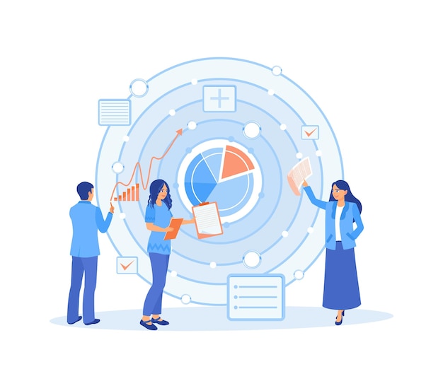 Geschäftsleute analysieren Teamarbeitsprojekte Unternehmensmanagement zur Erreichung von Zielen Projektmanagementkonzept Flachvektor-Illustration