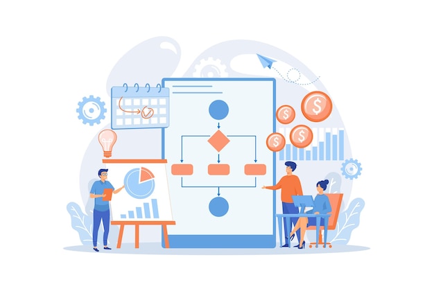 Vektor geschäftsleute arbeiten mit verbesserungsdiagrammen und diagrammen. geschäftsprozessmanagement, geschäftsprozess