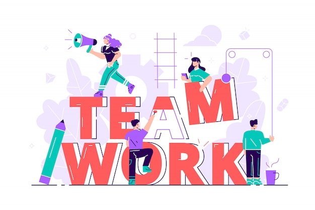 Geschäftsleute bilden zusammen wort-teamwork. geschäftsillustration. abstrakte designgrafik. bauprojekt. flache illustration für webseite, soziale medien, dokumente.