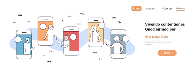 Geschäftsleute der mobilen anwendung on-line-chatblase kommunikationskonzept-smartphoneschirm des sozialen netzes horizontal