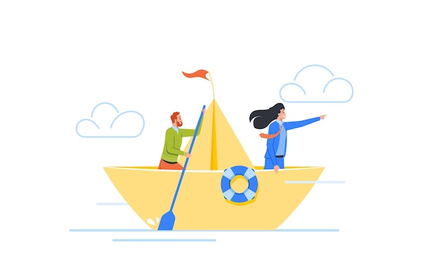 Geschäftsleute, die auf dem papierboot schwimmen, zeigen die richtung mit der hand mann reihe mit paddel weg zum erfolg