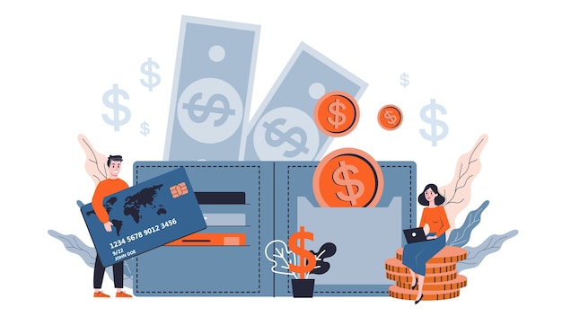 Geschäftsleute, die mit Geld herumstehen. Stapel goldener Münzen. Metapher für finanziellen Wohlstand und Erfolg. Geld sparen. Illustration