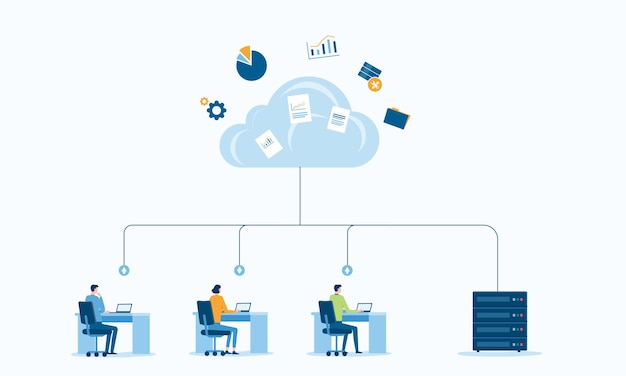 Vektor geschäftsleute, die online arbeiten und sich mit dem cloud-computing-konzept verbinden