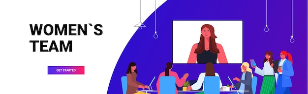 Geschäftsleute, die online-konferenztreffen geschäftsfrauen-team diskutieren mit führungsfrau während videoanruf im büro horizontale porträtkopie raum vektor-illustration diskutieren