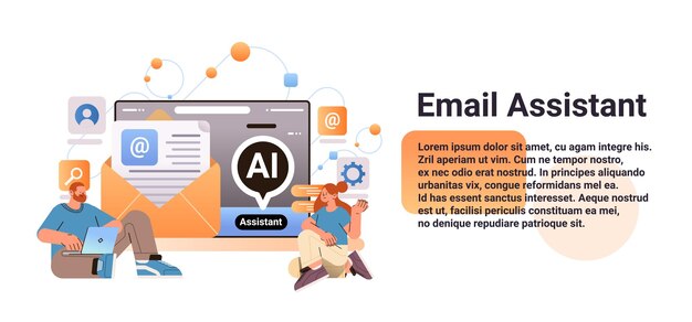 Geschäftsleute nutzen Computer-App mit E-Mail-Assistent, KI-Helfer-Bot, Internet-Chatten, Feedback-Online-Formular, Gespräch mit Kunden, Konzept, horizontale Kopienraum-Vektorillustration